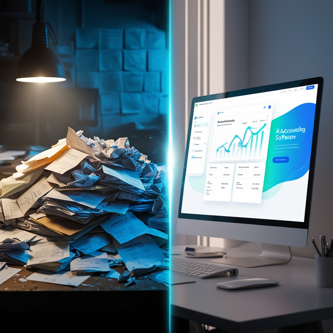 A split image showcasing a stack of paper receipts and invoices on one side, contrasted with a streamlined digital workflow powered by AI accounting software on the other.