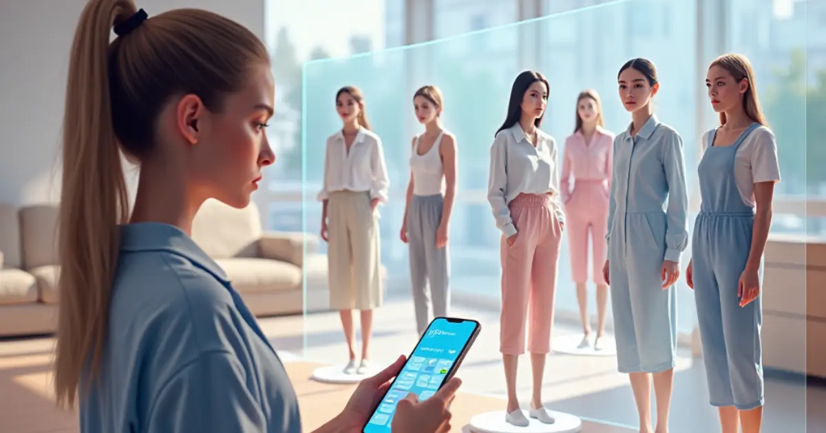 Une personne utilisant l'application Undress AI sur son smartphone pour essayer des vêtements virtuellement, avec un reflet holographique montrant différents styles.Undress AI