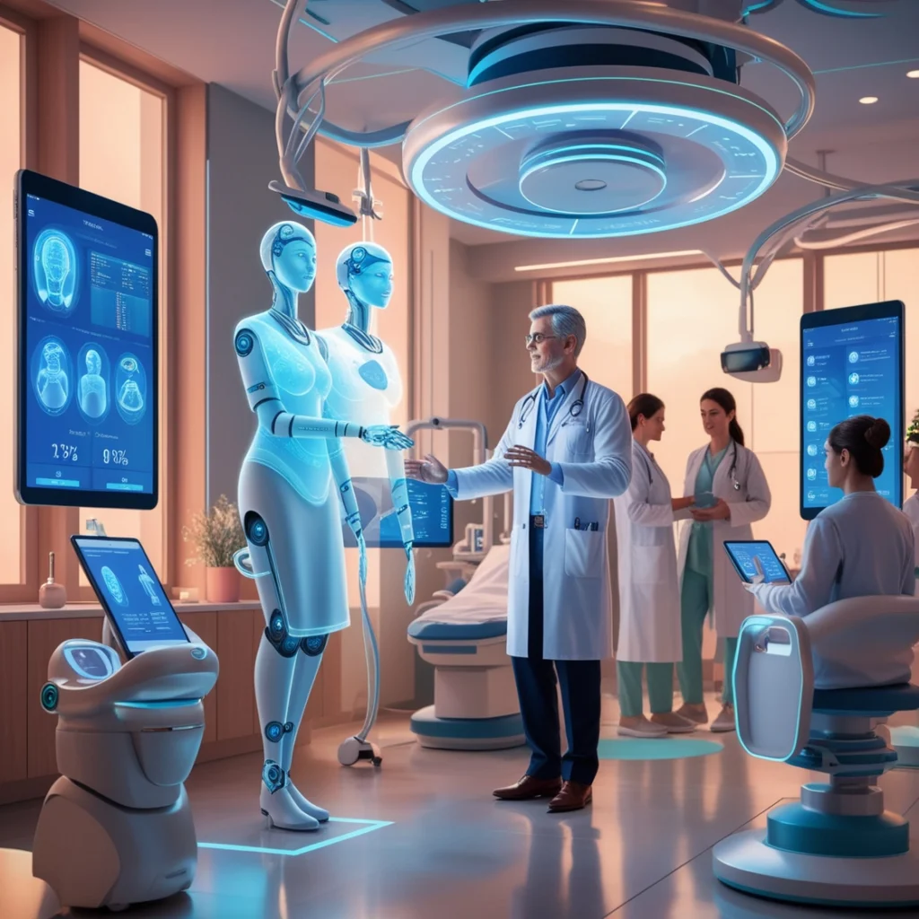 An illustration of an Agentic Reasoning AI Doctor in a futuristic medical setting, showing a human doctor collaborating with a holographic AI interface to analyze patient data.