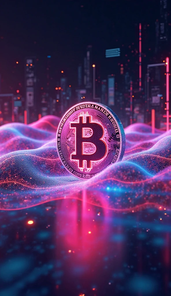 Abstract neon wave chart with integrated Bitcoin symbol, high-tech mood.