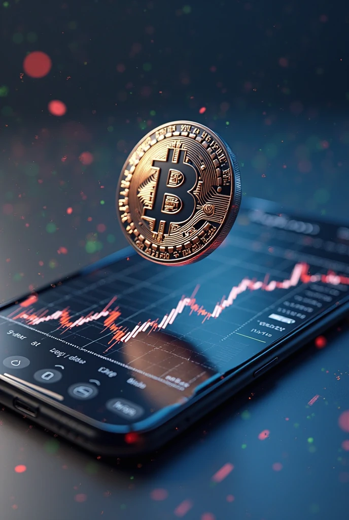 Stylized Bitcoin coin hovering above a live candlestick chart on a smartphone display