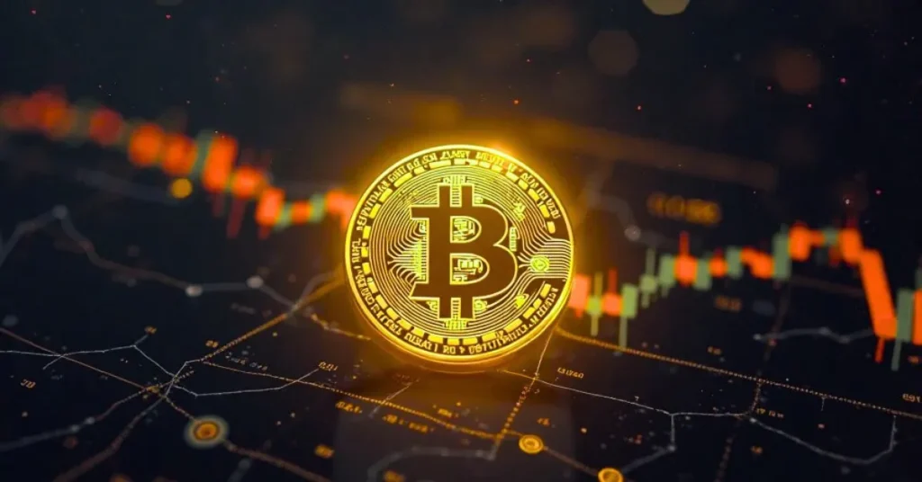 Digital gold Bitcoin glowing on a futuristic black chart background showing live price data.
