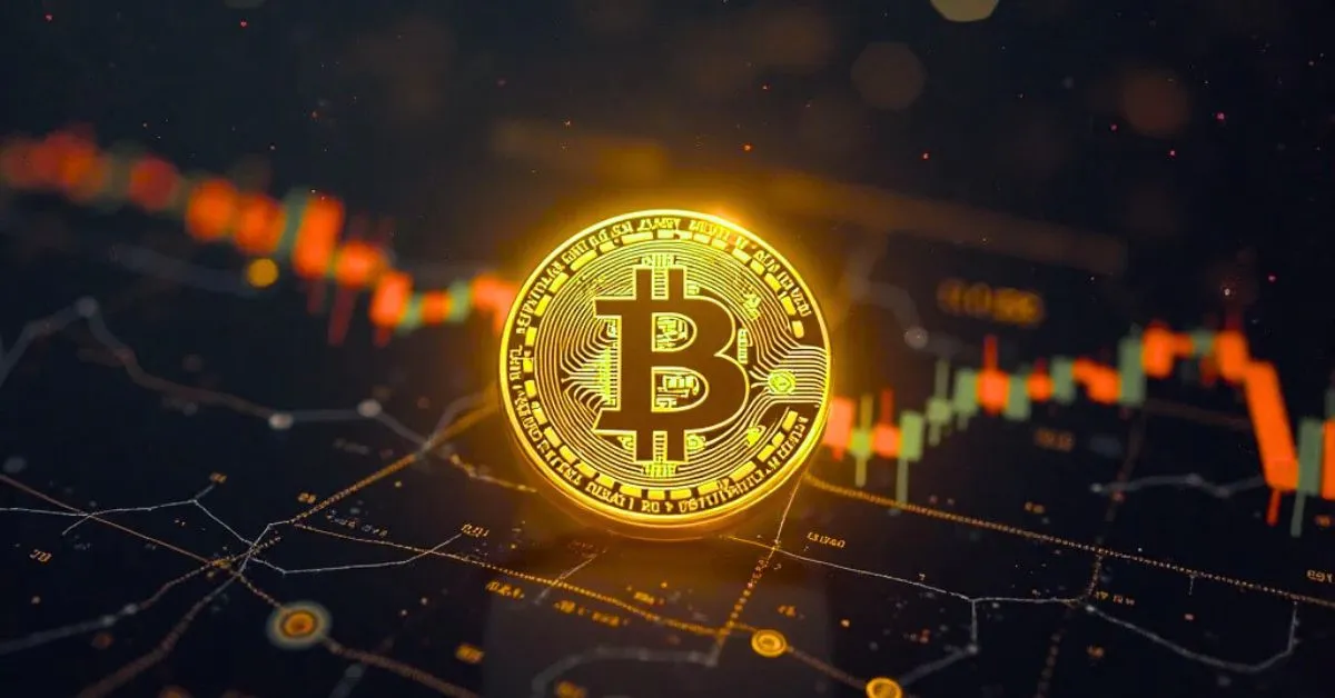 Digital gold Bitcoin glowing on a futuristic black chart background showing live price data.