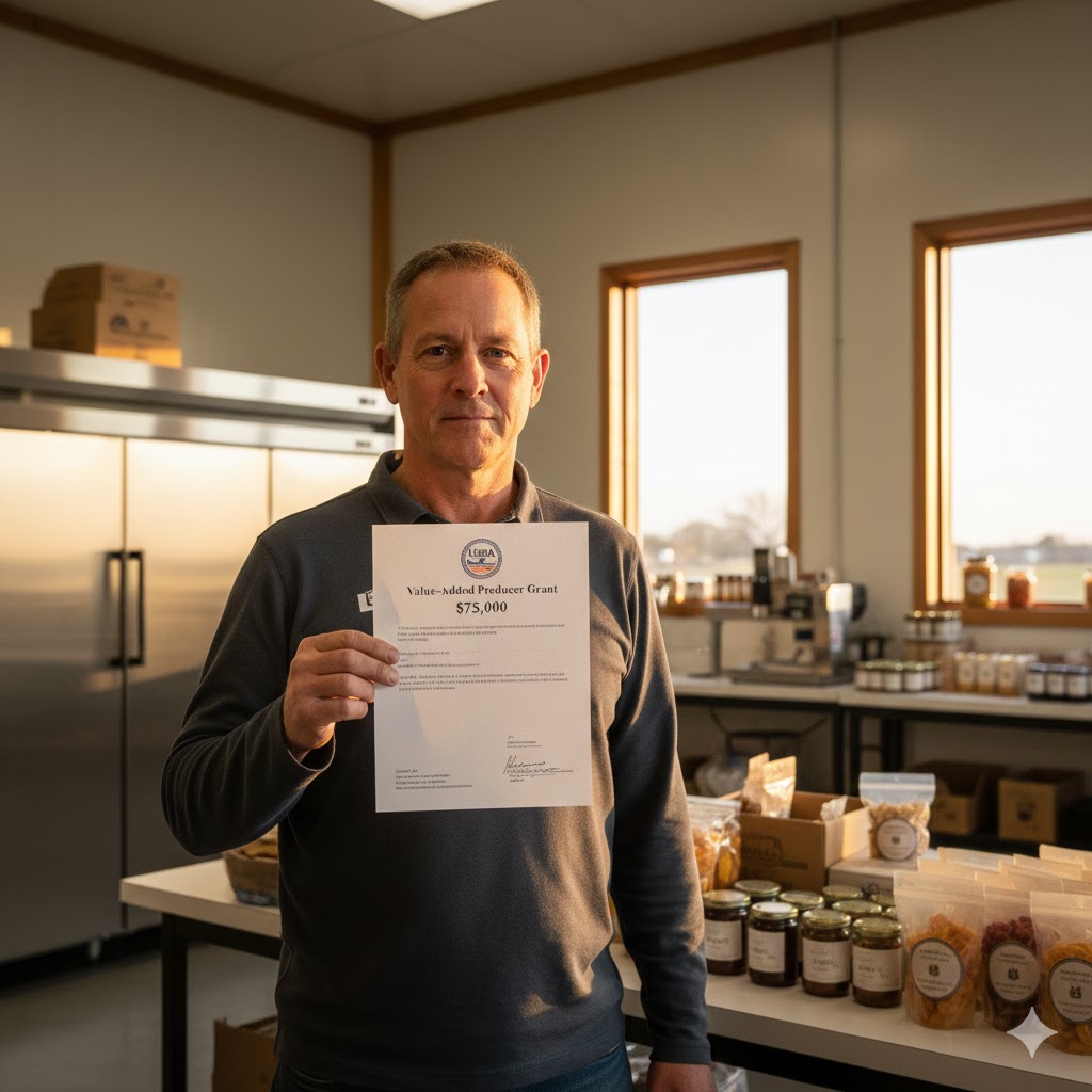Farmer holding USDA grant award letter for value-added producer program funding farm facility improvement
