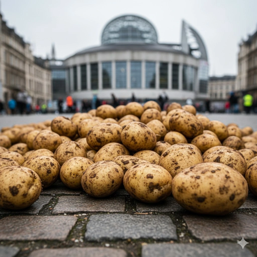 Close-up of potatoes spread across Brussels streets during farmer's protest demonstrating agricultural economic crisis