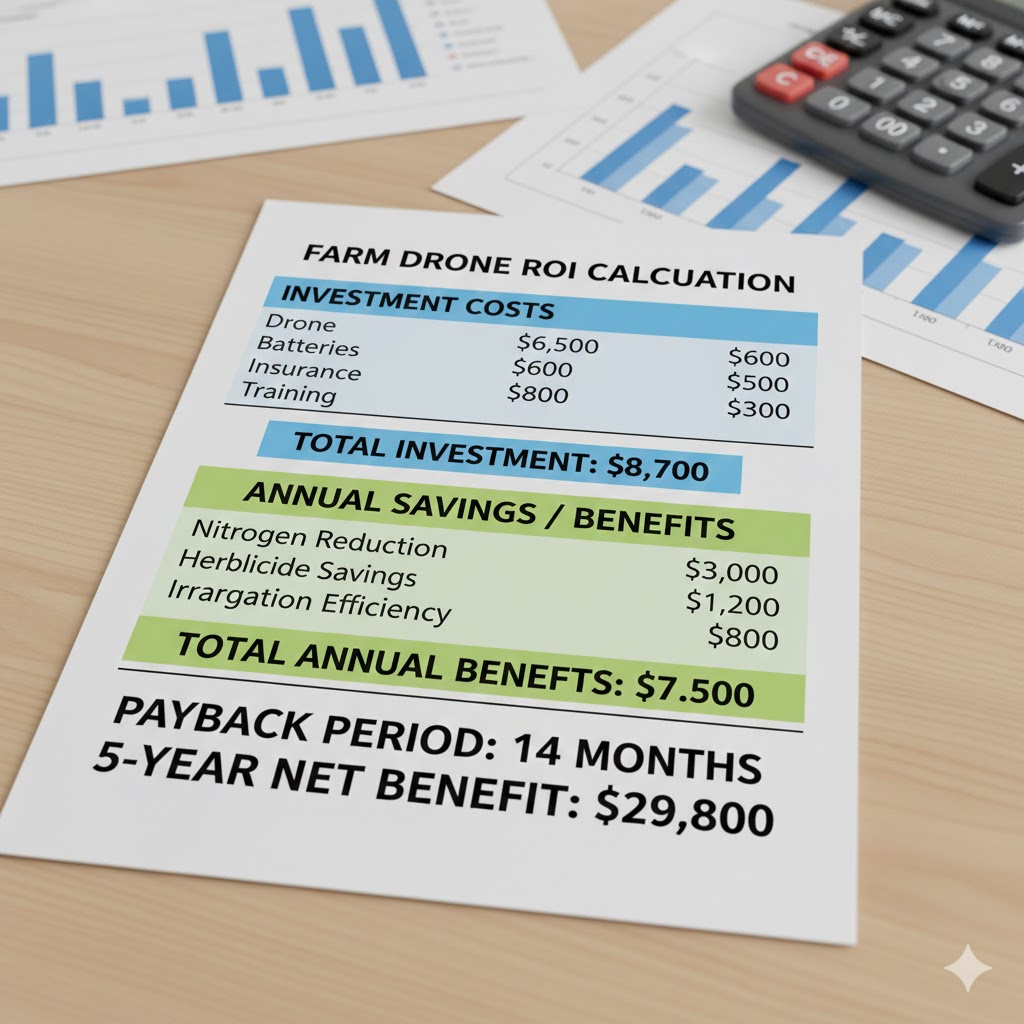 Farm drone ROI calculation showing investment costs, annual savings, and payback period for agricultural UAV purchase decision