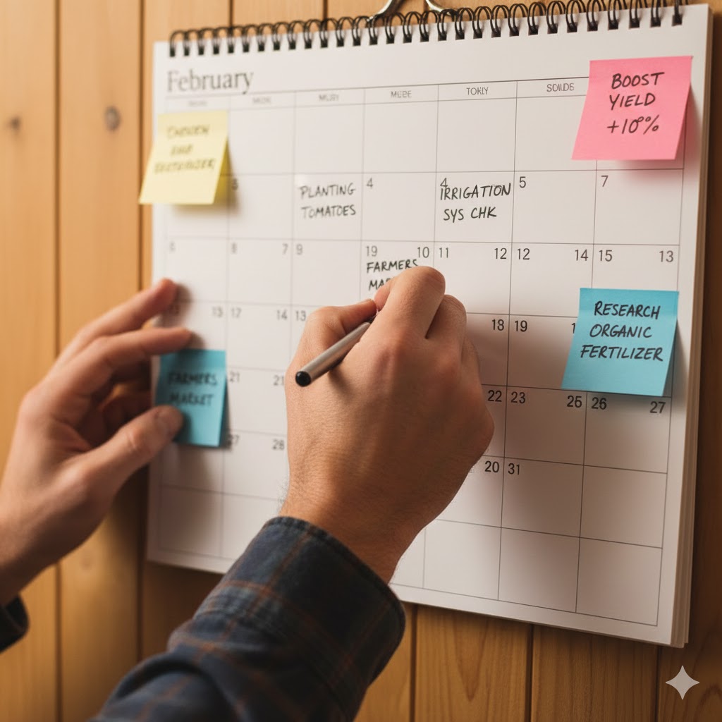 Farmer creating action plan and setting goals on calendar based on year-end review results