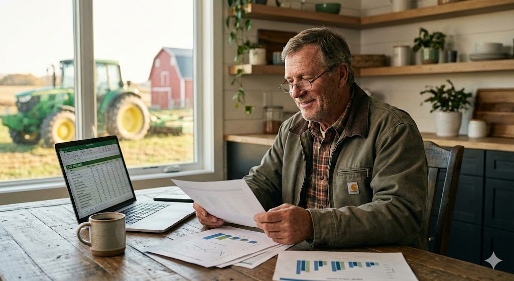 Farmer conducting annual farm year review with financial records and performance data