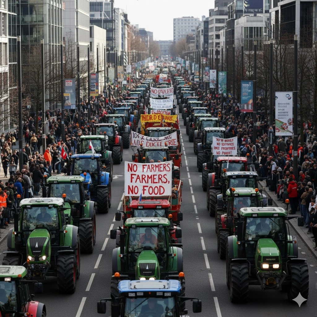 Tractor convoy during farmer's protest in Brussels before streets were buried under potatoes and other agricultural products