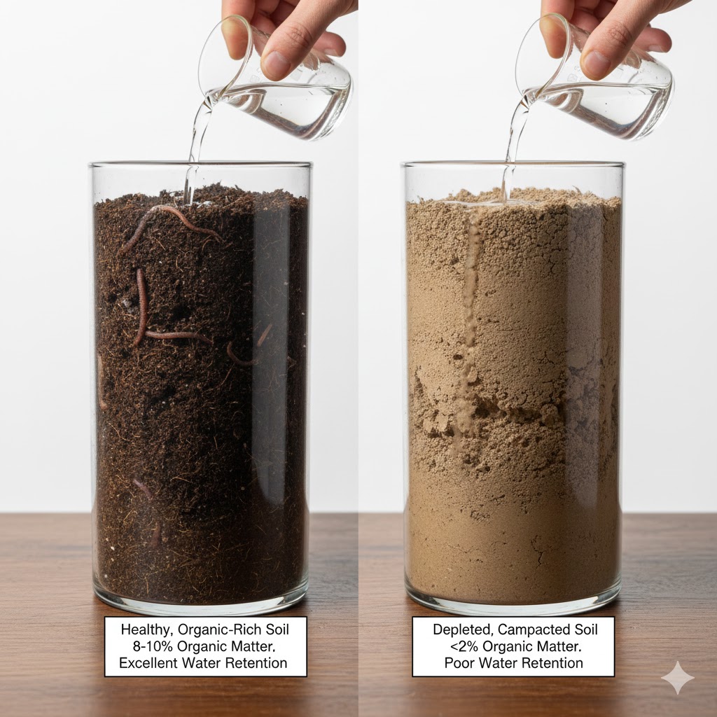 Soil comparison demonstrating how organic matter improves water retention and resilience against climate extremes